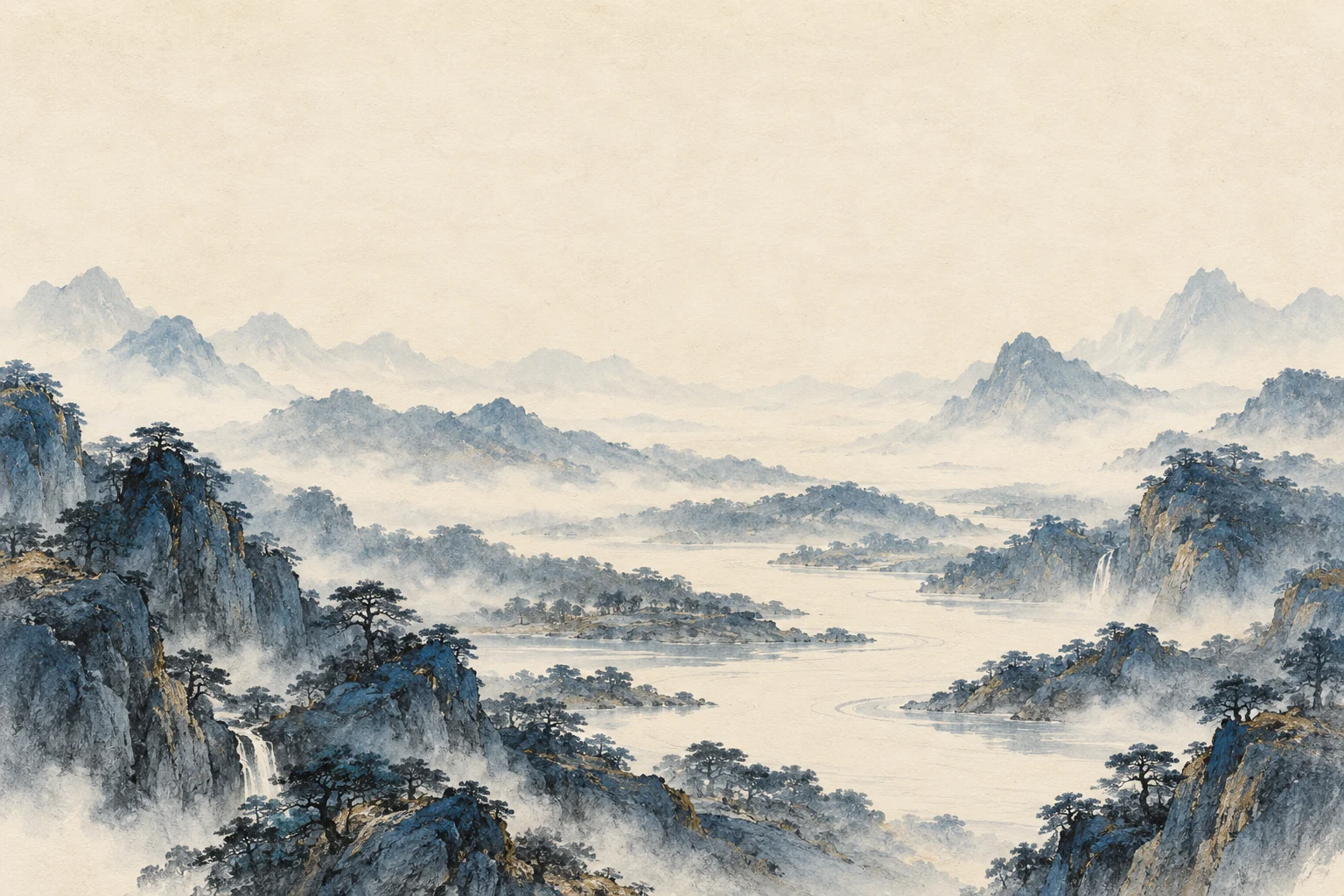 宣纸上的黛蓝山水意象，非真实祖地